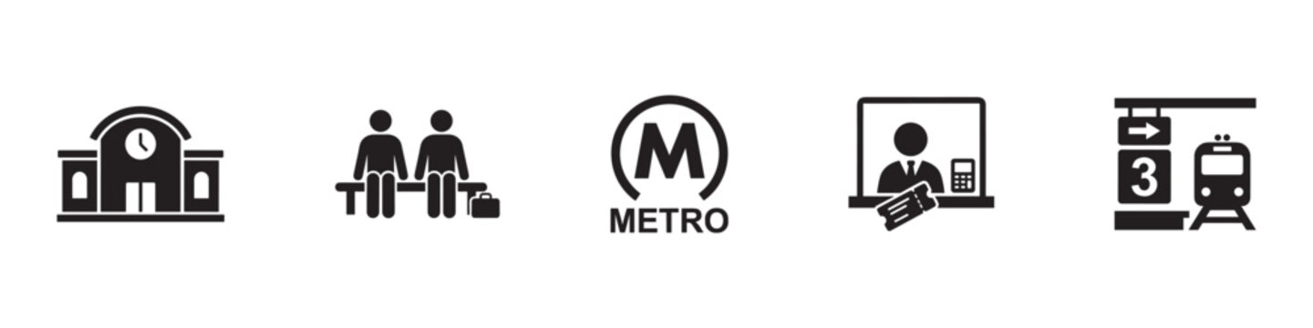 Metro and railway station icon set. Public transport, ticket office and subway travel symbols. Vector Illustration.