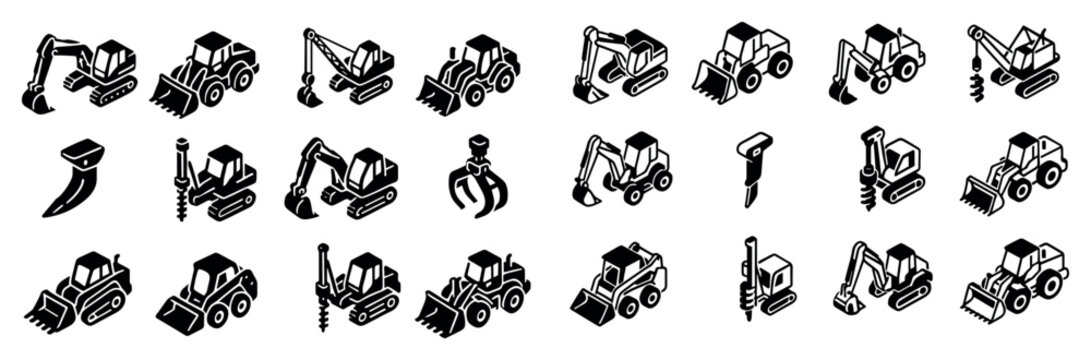 Construction icons with excavator loader bulldozer outline