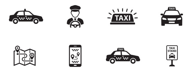 Taxi service and city transport icon set. Car, driver, mobile app and route navigation symbols. Vector Illustration. © Roberto_Caravelli