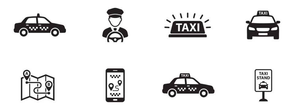 Taxi service and city transport icon set. Car, driver, mobile app and route navigation symbols. Vector Illustration.