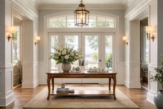 Large interior entry with coastal hues, transom window, and an elegant wooden table under a hanging hallway light