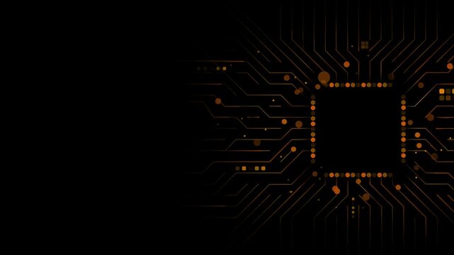 Gold circuit board seamless loop background, glowing copper tech lines animation, empty center and left space for text overlay, logo placeholder, futuristic technology corporate broadcast
