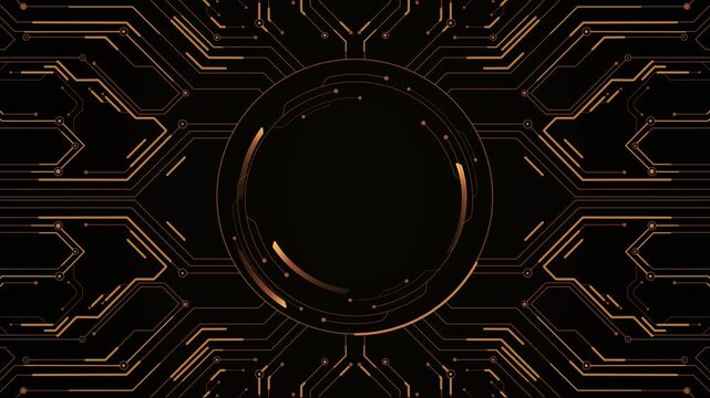 Gold circuit board seamless loop background with center circle placeholder, glowing coper tech lines animation, bronze technology motion, ai and cpu processing, corporate digital frame, logo reveal