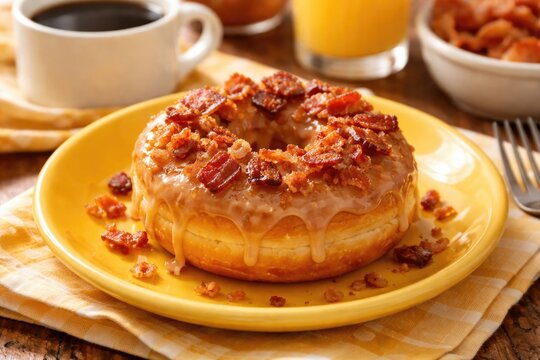 Freshly made maple bacon donut resting on a cheerful yellow breakfast plate