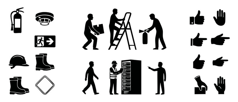 Safety icons set, occupational health and work symbols, industrial workers, fire safety signs and hand gestures, black silhouette vector graphics for workplace compliance and hazard prevention diagram
