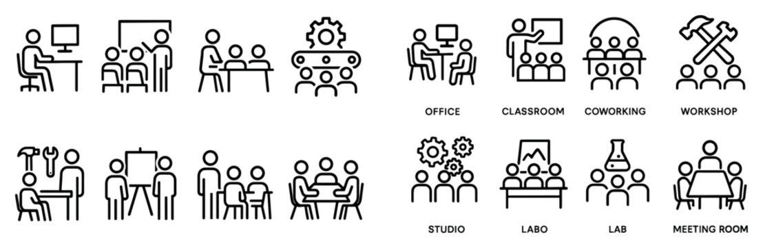 Workspace icons with desk meeting gear outline