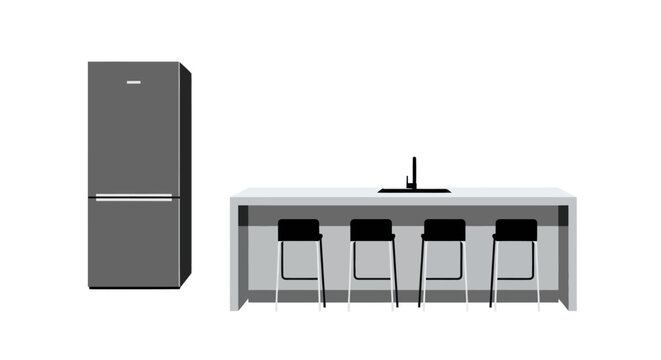 Modern kitchen interior illustration with refrigerator and island with bar stools