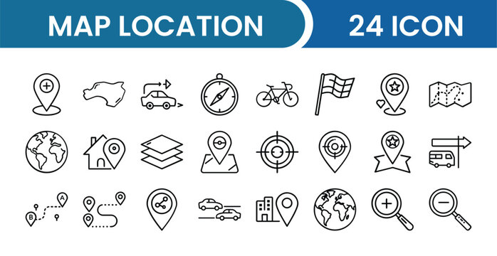 Map & Location Icon Pack &ndash; 24 Navigation, GPS, Pin, Direction, Travel, Place, Map Marker Vector Icons