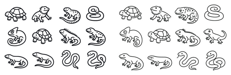 Obraz premium Reptile icons with turtle snake lizard outline