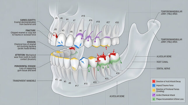 3D Dental Diagram Showing Tooth Decay, Erosion, Fracture and Periodontal Disease with Force Directions