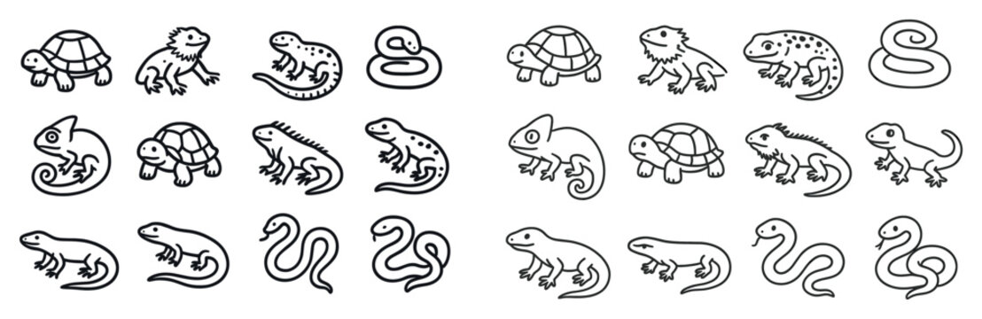 Reptile icons with turtle snake lizard outline