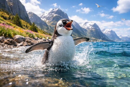 Joyful pet penguin frolicking in icy ocean waters with vibrant summer nature backdrop full length