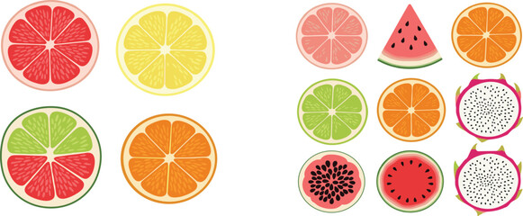 Set of sliced fruit icons including citrus watermelon and dragon fruit colorful flat vector collection for fresh food design summer themes and healthy nutrition © MstBabli