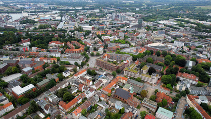 Obraz premium Aerial view around the old town of the city Harburg bei Hamburg in north Germany on a sunny spring noon