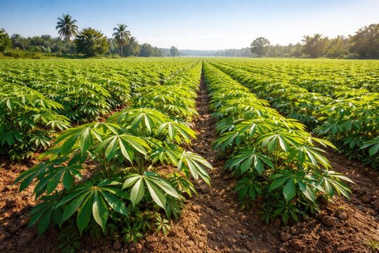 Healthy cassava plant field under clear blue sky highlighting farming prospects