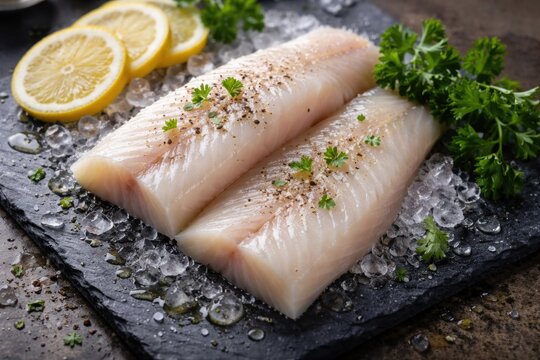 Icelandic haddock fish fillets accompanied by lemon and parsley garnish