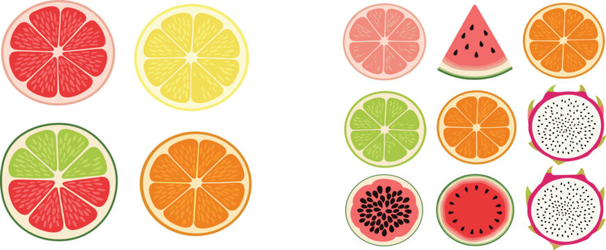 Set of sliced fruit icons including citrus watermelon and dragon fruit colorful flat vector collection for fresh food design summer themes and healthy nutrition