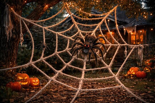 DIY Halloween yard spider web decoration created using recycled rope material