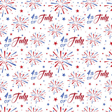 Independence Day seamless pattern with fireworks and 4th of July lettering