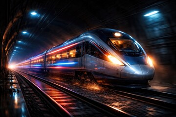 Fototapeta premium Express train crossing a poorly lit tunnel with vibrant lights glowing