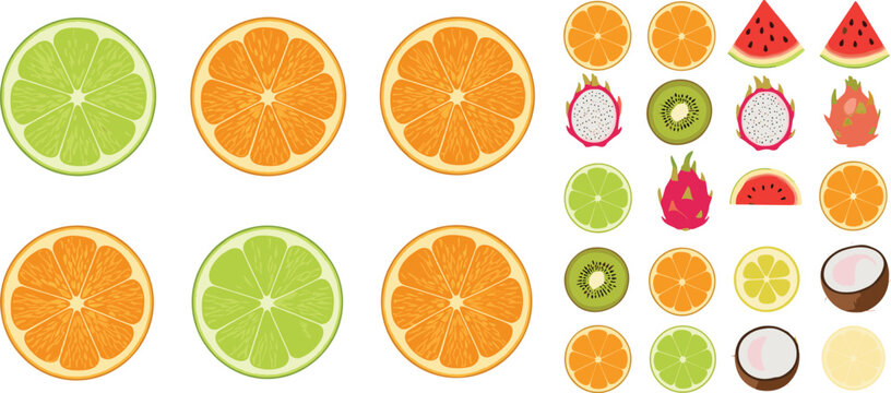 Collection of sliced citrus and tropical fruit icons including orange lime kiwi watermelon and coconut colorful flat vector set for fresh food and nutrition design