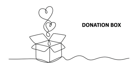 Continuous line drawing of a donation box with hearts