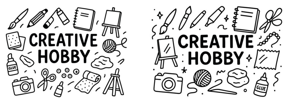 Creative icons with easel camera yarn outline playful
