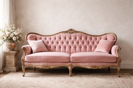 Old fashioned pink divan beside a light toned plaster wall for interior styling
