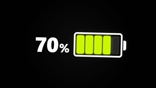 Dynamic animated battery power indicator charging from one percent to one hundred percent represented by a growing green bar and numerical display on a dark surface conveying energy status inform