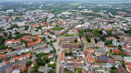 Fototapeta premium Aerial view around the old town of the city Harburg bei Hamburg in north Germany on a sunny spring noon
