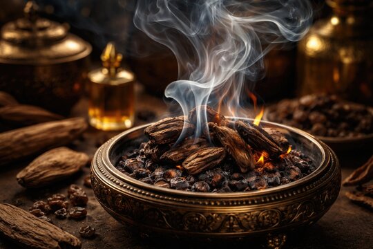 Close-up featuring Agarwood sticks with emphasis on oud and bakhoor scent extraction