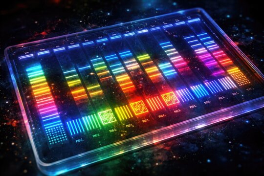 Colorful visualization of PCR products and barcode elements in agarose gel against dark backdrop for scientific analysis