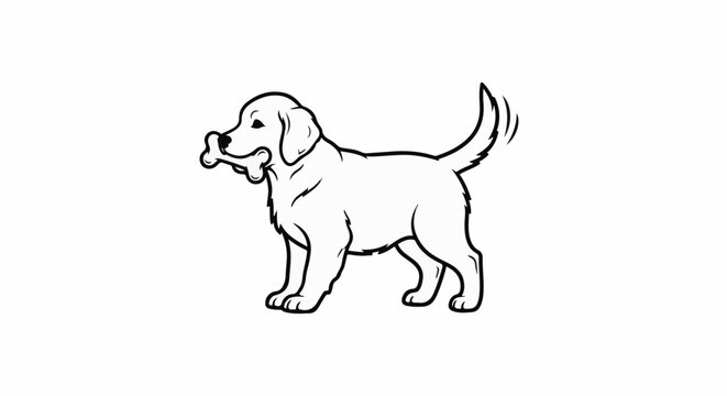 A playful dog with a bone in its mouth, tail wagging