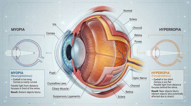 Detailed Medical Diagram of Myopia and Hyperopia Vision Defects with Human Eye Anatomy