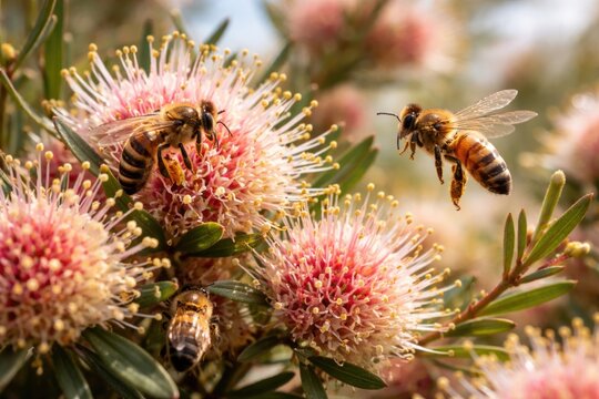 Detailed view of Hakea Varia spring flowers and active honey bee pollinators