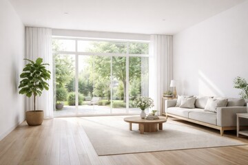 Fototapeta premium A luminous indoor area with white walls and a wide transparent window