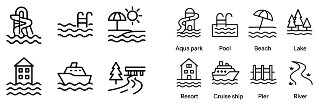 Leisure icons with boat umbrella pool outline