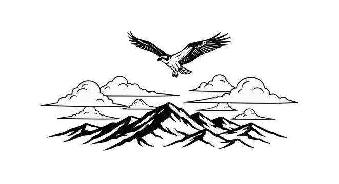 A majestic bird glides over dramatic, snow-capped mountains and fluffy clouds