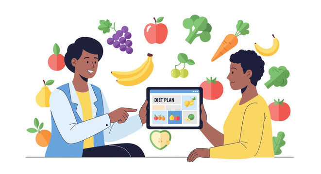 A professional nutritionist helps a client develop a personalized diet plan for healthy eating and wellness, surrounded by fresh fruits and vegetables.
