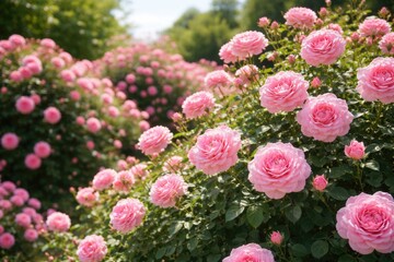 Obraz premium Lush pink rose bushes flourishing under bright daylight