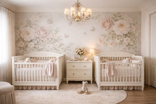 Calm nursery scene showcasing twin cribs and refined floral wall decorations with subtle pastel shades