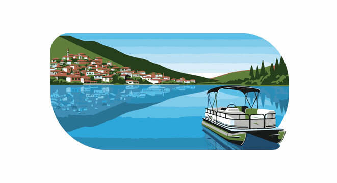 A picturesque lakeside village with a pontoon boat on the calm blue water