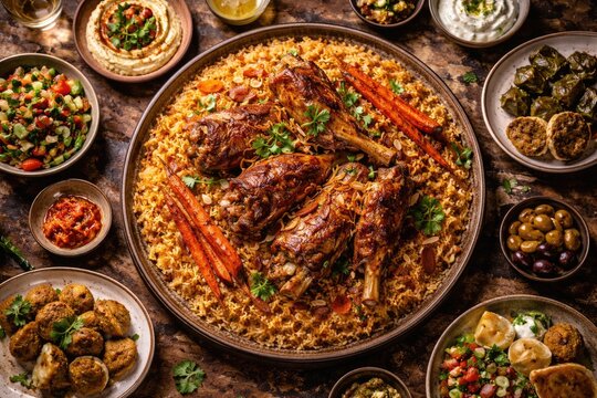 Flat lay of tender lamb and kabsa rice accompanied by carrots and small plates