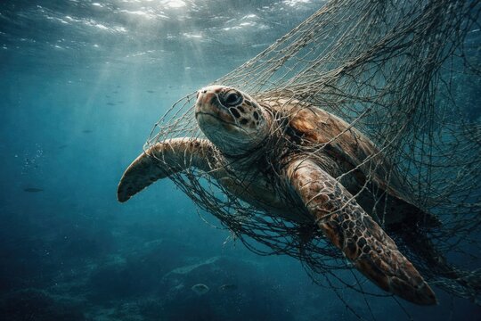 Loggerhead sea turtle ensnared by net in ocean with copy space