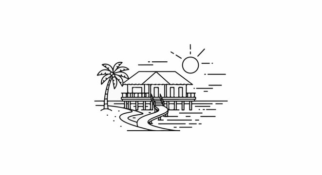 A minimalist illustration of a tropical beach hut on stilts with a palm tree and sun