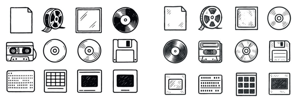 Media icons with film cassette disc handdrawn