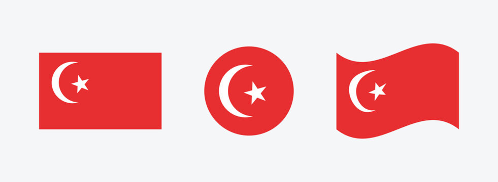 Three styles of turkish flag: flat circular waving with national crescent patriotic government patriotism heraldry identity representation illustration official