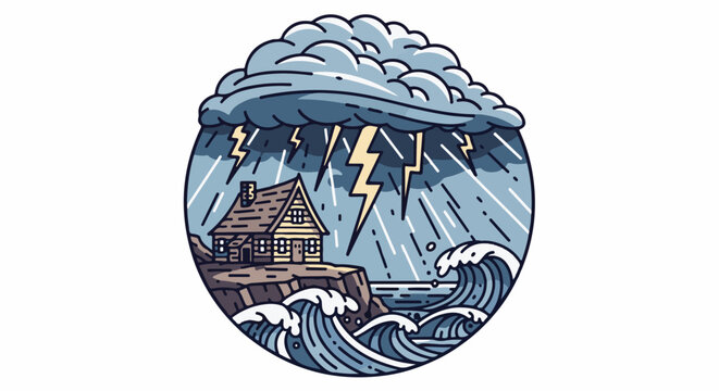 A house on a cliff endures a violent storm with lightning and crashing waves