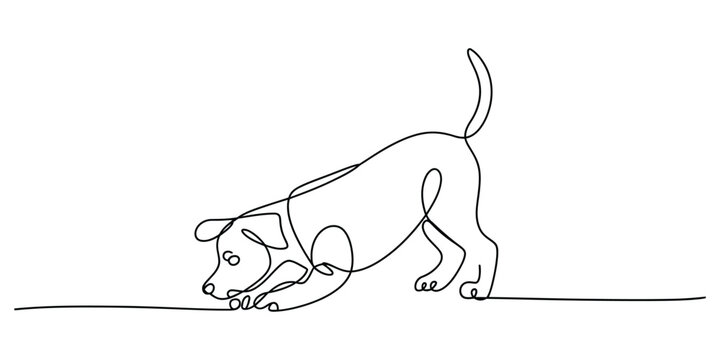 Continuous single line drawing of a playful puppy dog