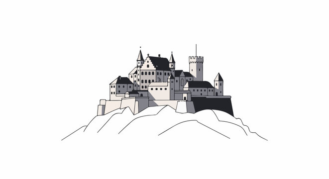 A grand, stylized castle with multiple towers and buildings perched on a rocky hill